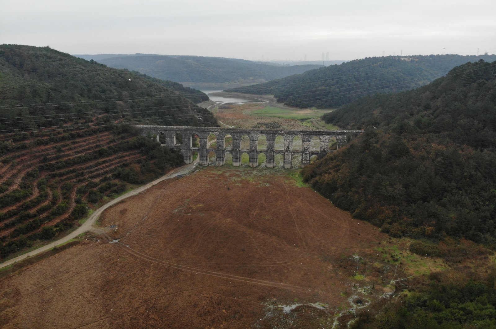 A view of the reservoir of Alibeyköy Dam, an area suffering from drought, in Istanbul, Turkey, Dec. 24, 2020. (İHA PHOTO)