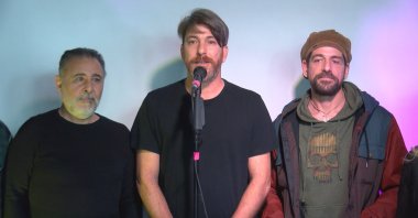 From left to right, stage actors Kemal Başar, Onur Şenay and Cemal Hünal attend the inauguration of the tiyatro.net platform, Dec. 28, 2020. (DHA PHOTO)