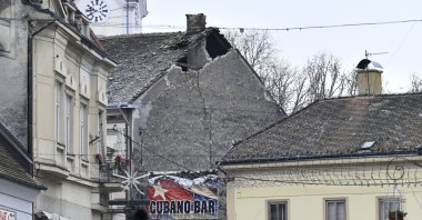 A view of a damaged roof caused by an earthquake in Sisak, Croatia, Dec. 28, 2020. (AP Photo)