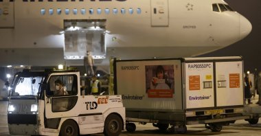 Workers at Esenboğa Airport haul a container carrying doses of Sinovac’s COVID-19 vaccine, in Ankara, Turkey, Dec. 30, 2020. (AA Photo)

