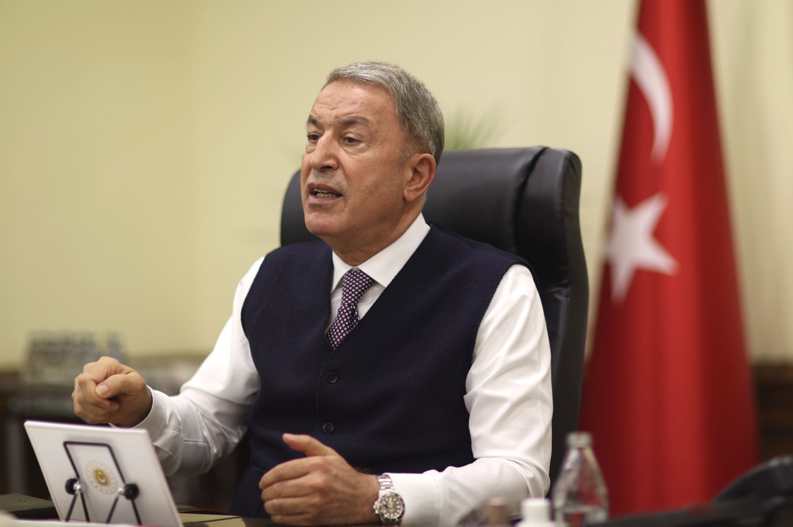 Defense Minister Hulusi Akar speaks in a virtual year-end evaluation meeting in the capital Ankara, Turkey, Dec. 29, 2020. (AA Photo)