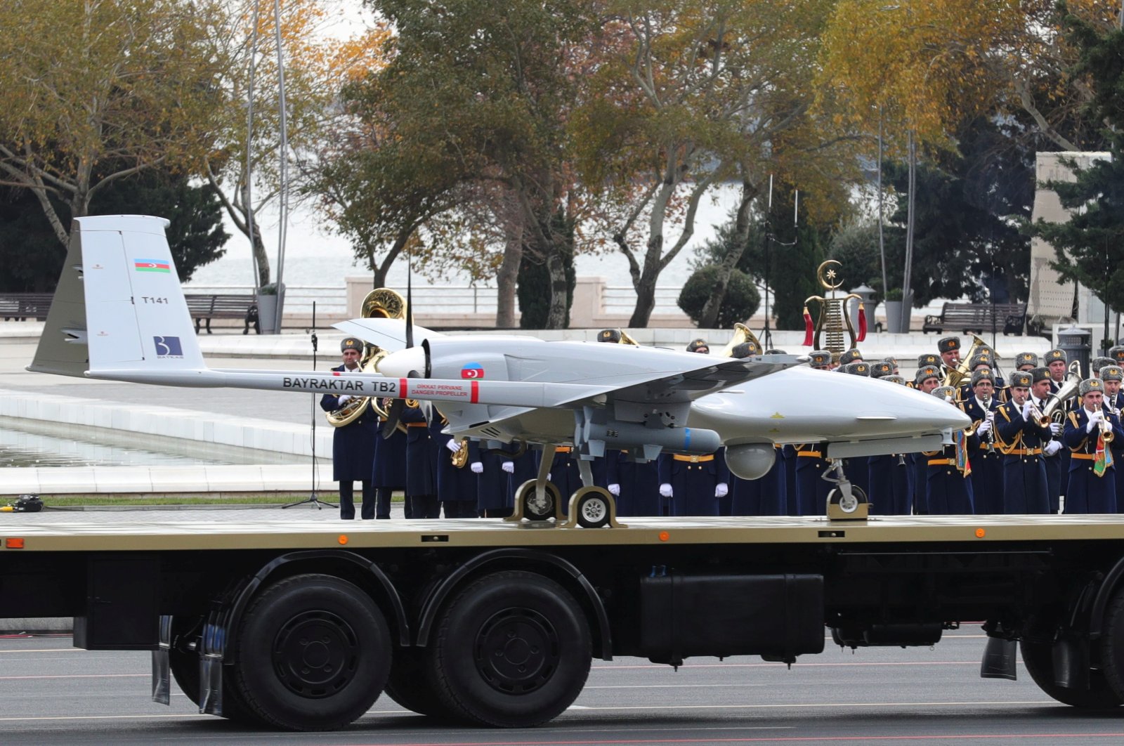 An Azerbaijan army Bayraktar TB2, a medium-altitude, long-endurance unmanned combat aerial vehicle, is displayed during a military parade to mark the victory in the Nagorno-Karabakh conflict, in Baku, Azerbaijan, Dec. 10, 2020. (Turkish Presidential Press Office / Handout via Reuters)