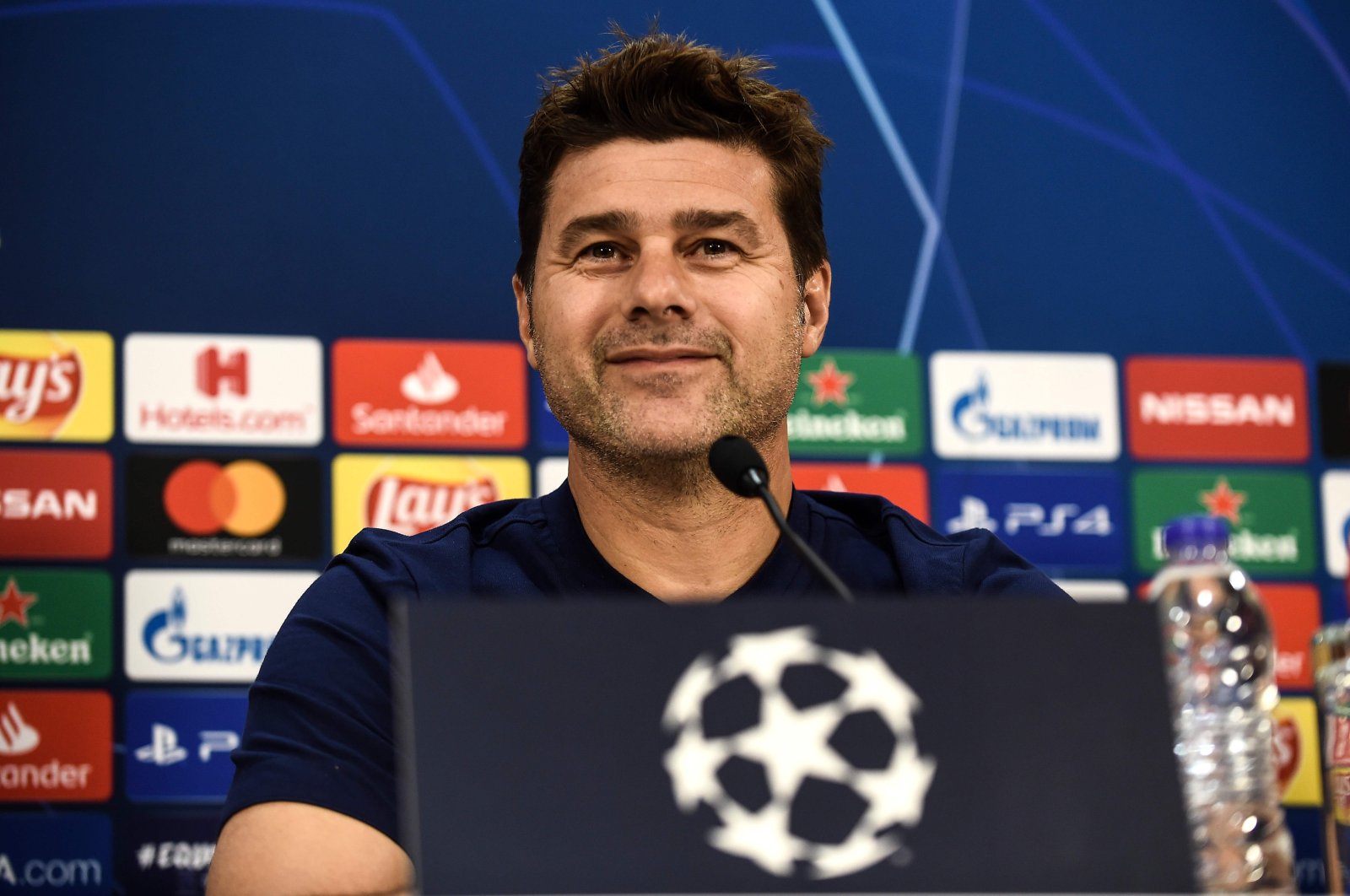 This file photo shows Tottenham Hotspur's Argentinian head coach Mauricio Pochettino addressing a press conference in Athens on the eve of the UEFA Champions League Group B football match between Olympiacos and Tottenham Hotspur, on Sept. 17, 2019. (AFP Photo)