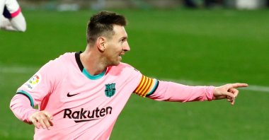 Barcelona's Lionel Messi celebrates scoring their third goal against Real Valladolid, in Valladolid, Spain, Dec. 22, 2020. (REUTERS PHOTO) 