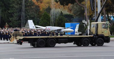 An Azerbaijan army Bayraktar TB2, a medium-altitude, long-endurance unmanned combat aerial vehicle, is displayed during a military parade to mark the victory in the Nagorno-Karabakh conflict, in Baku, Azerbaijan, Dec. 10, 2020. (Turkish Presidential Press Office / Handout via Reuters)
