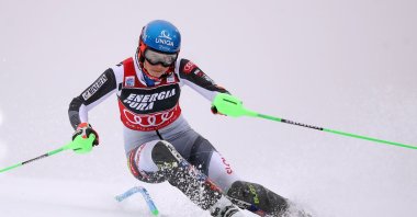 Petra Vlhova of Slovakia clears the pole during the race, in Zagreb, Croatia, Jan. 3, 2021. (AFP Photo)