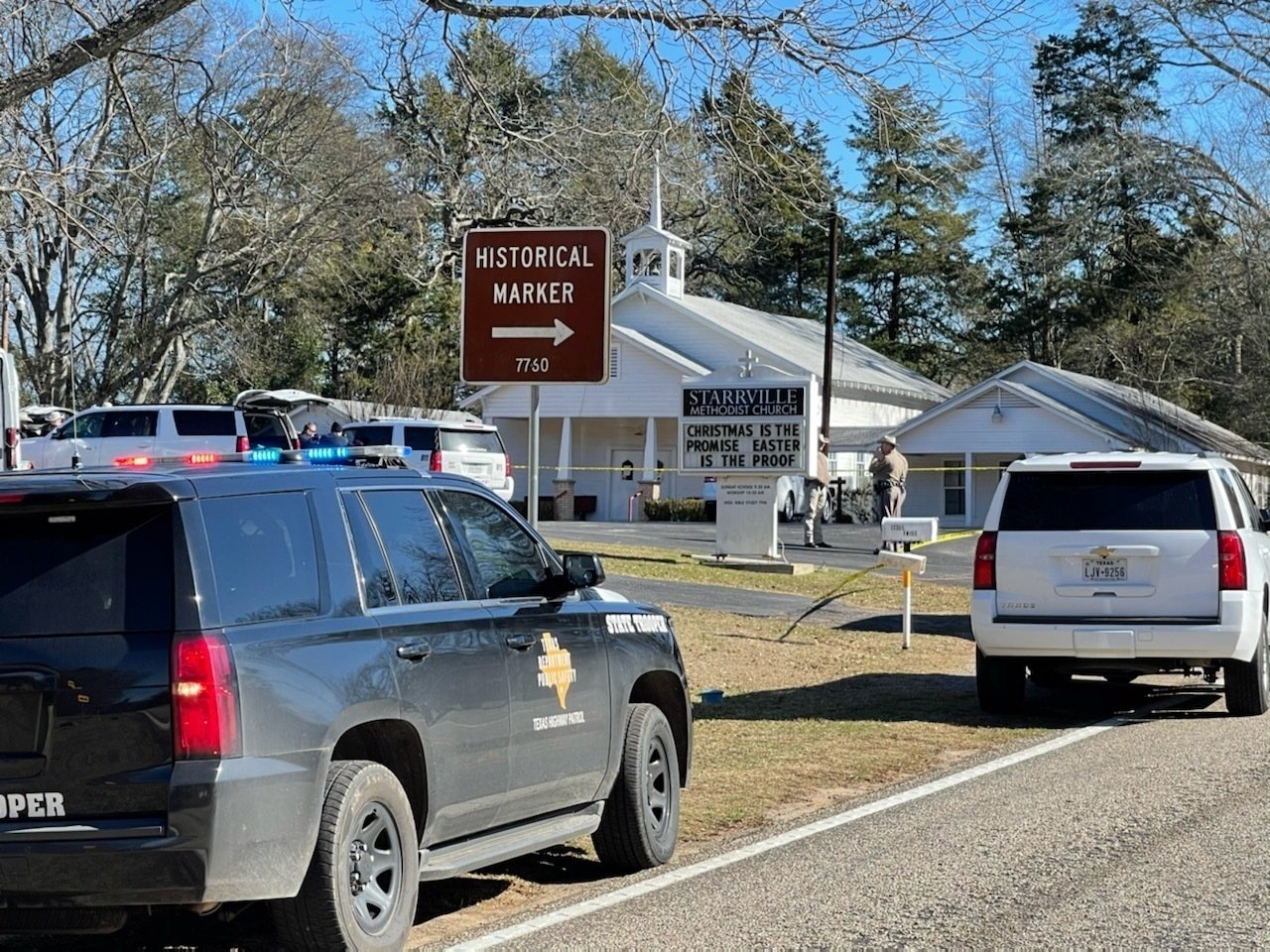 The Smith County Sheriff's Office investigates a fatal shooting incident at the Starville Methodist Church in Winona, Texas, U.S., Jan. 3, 2021. (AP Photo)