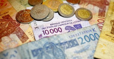 West African CFA franc currency banknotes and coins sit in this arranged photograph in Dakar, Senegal, Jan. 11, 2015. (Photo by Getty Images)