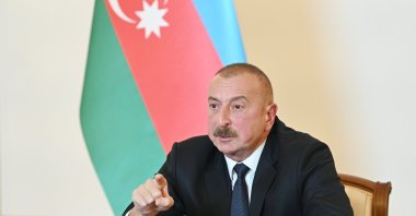 Azerbaijani President Ilham Aliyev holds a televised address to the nation in Baku, October 4, 2020. (AFP Photo)
