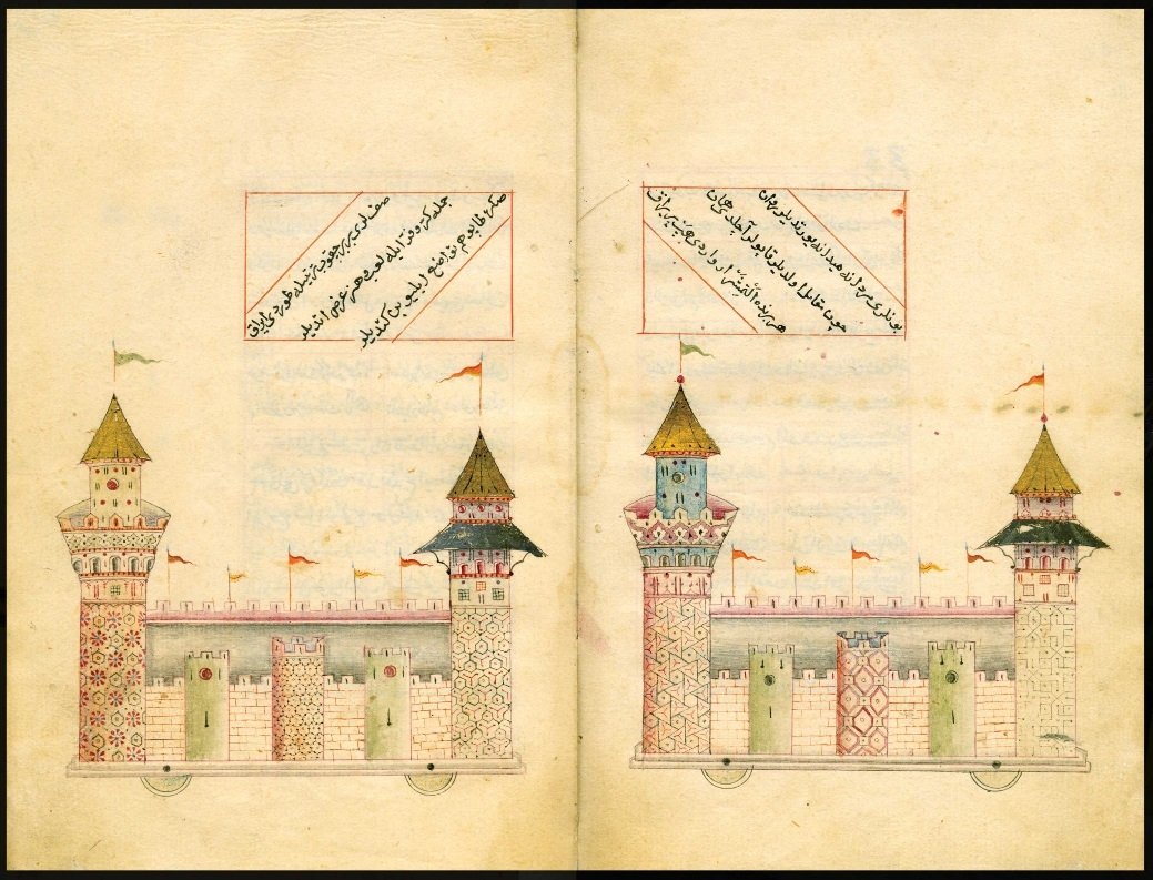 Still shot of a miniature art illustration of two castles adorned with inscriptions detailing the game of Matrak, an Ottoman combat sport, from the exhibition, Jan. 5, 2021.
