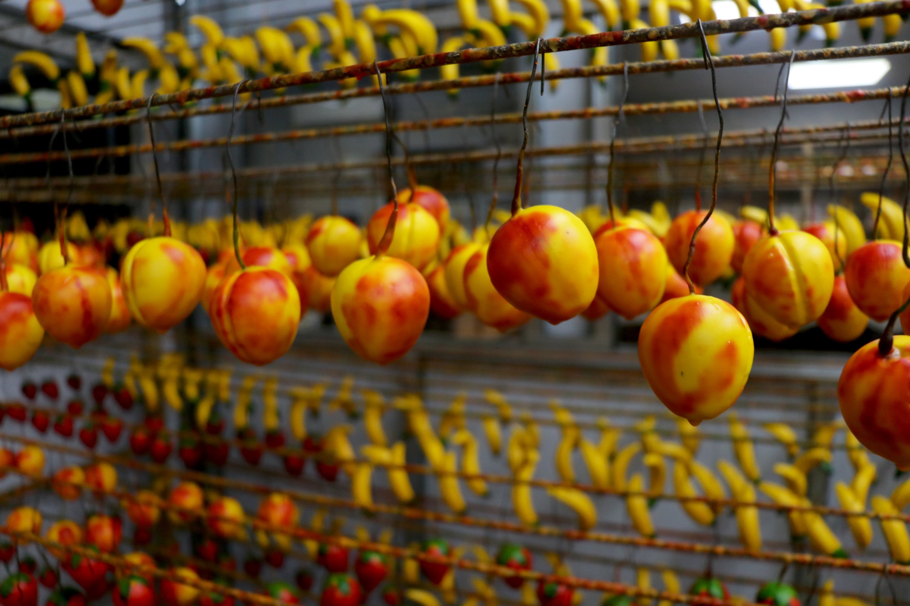 Some fruit-scented soaps shaped like peaches are strung in the EDMIS facility in Edirne, northwestern Turkey, Jan. 6, 2021. (DHA Photo)