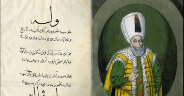 Still shot of a poem written by 17th century Ottoman historian and composer Solakzade Mehmed Hemdemi in honor of Sultan Suleiman, accompanied by a portrait of the sultan, Jan. 5, 2021.