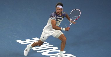 Dominic Thiem in action during an Australian Open quarterfinal match, in Melbourne, Australia, Jan. 29, 2020. (AP Photo)
