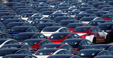 Newly manufactured Tesla electric cars are pictured in a storage area at The Western Docks in Southampton, the U.K.,  April 20, 2020. (AFP Photo)