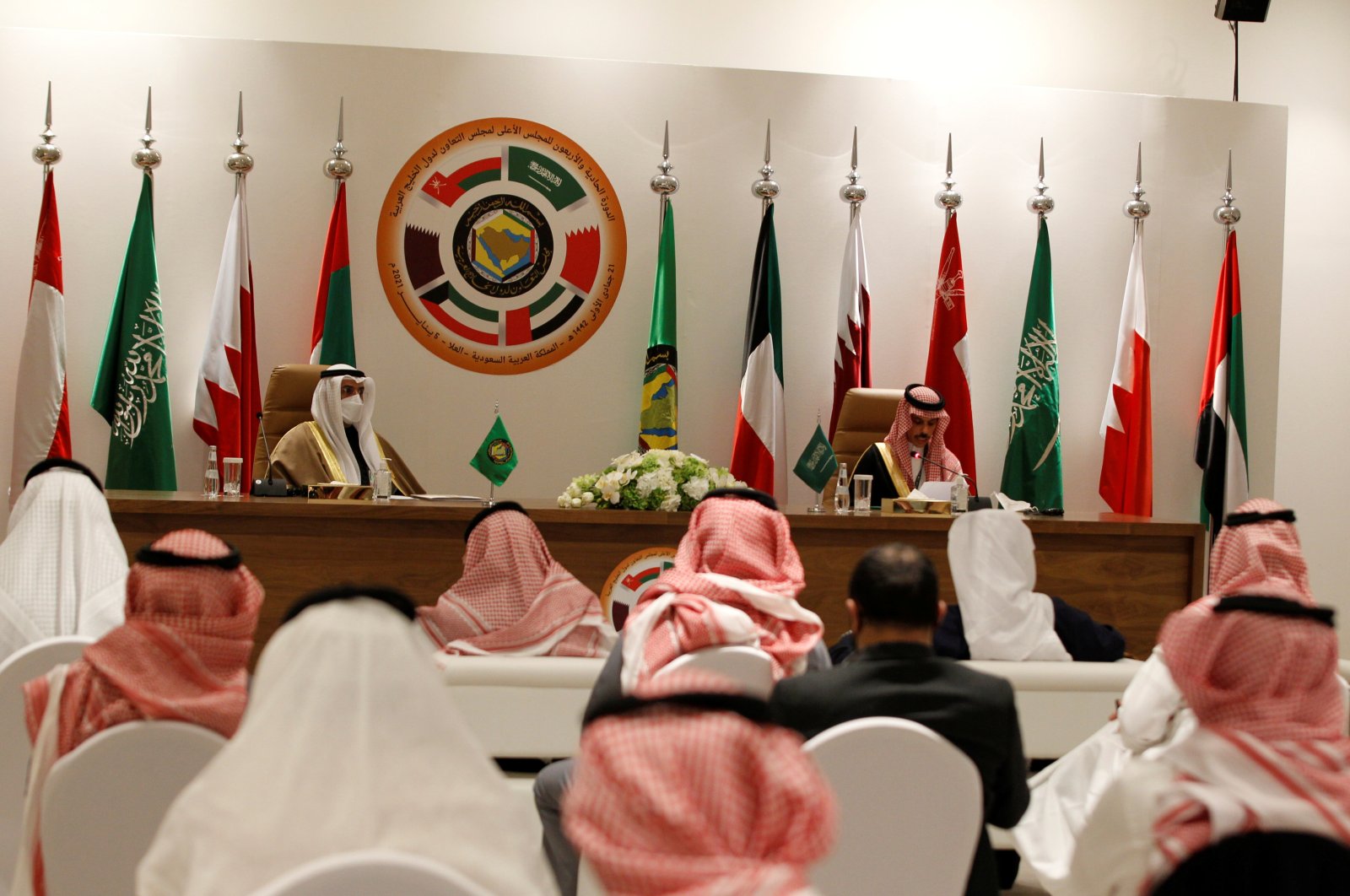 Secretary-General of the Gulf Cooperation Council (GCC) Nayef Falah al-Hajraf and Saudi Arabia's Foreign Minister Prince Faisal bin Farhan Al Saud speak during a joint news conference at the Gulf Cooperation Council's (GCC) 41st Summit in Al-Ula, Saudi Arabia on Jan. 5, 2021. (Reuters Photo)