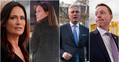 Photo shows (L-R) Stephanie Grisham, former chief of staff to the first lady, Rickie Nieta, former White House social secretary, and national security adviser Robert O'Brien and his deputy, Matthew Pottinger.