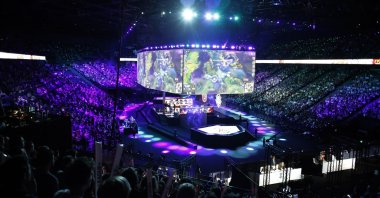 A general view during the final of League of Legends tournament between Team G2 Esports and Team FunPlus Phoenix, in Paris, Nov. 10, 2019. (AP Photo)