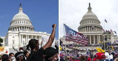 In this combination of photos, demonstrators (L), protest June 4, 2020, in front of the U.S. Capitol in Washington, over the death of George Floyd and on Jan. 6, 2021, supporters of President Donald Trump rally at same location. (AP Photos)