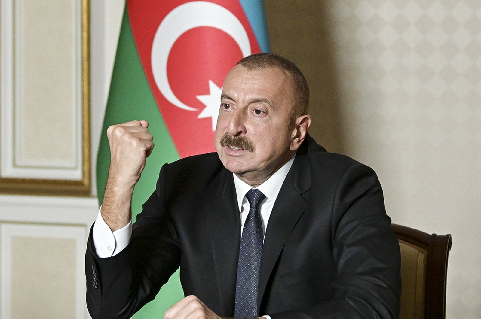 Azerbaijani President Ilham Aliyev gestures as he addresses the nation in Baku, Azerbaijan, Oct. 20, 2020. (AP Photo)
