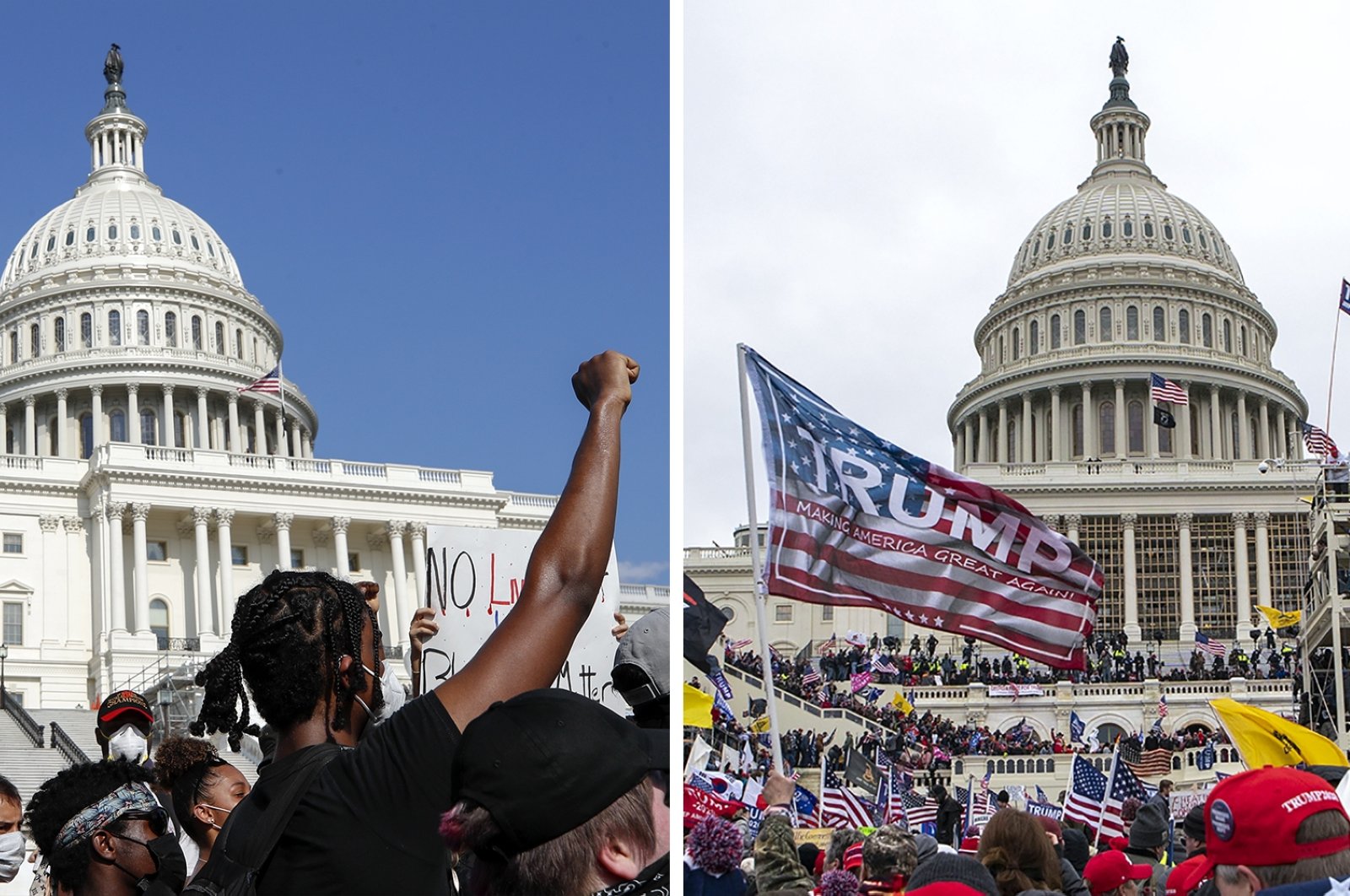 In this combination of photos, demonstrators (L), protest June 4, 2020, in front of the U.S. Capitol in Washington, over the death of George Floyd and on Jan. 6, 2021, supporters of President Donald Trump rally at same location. (AP Photos)