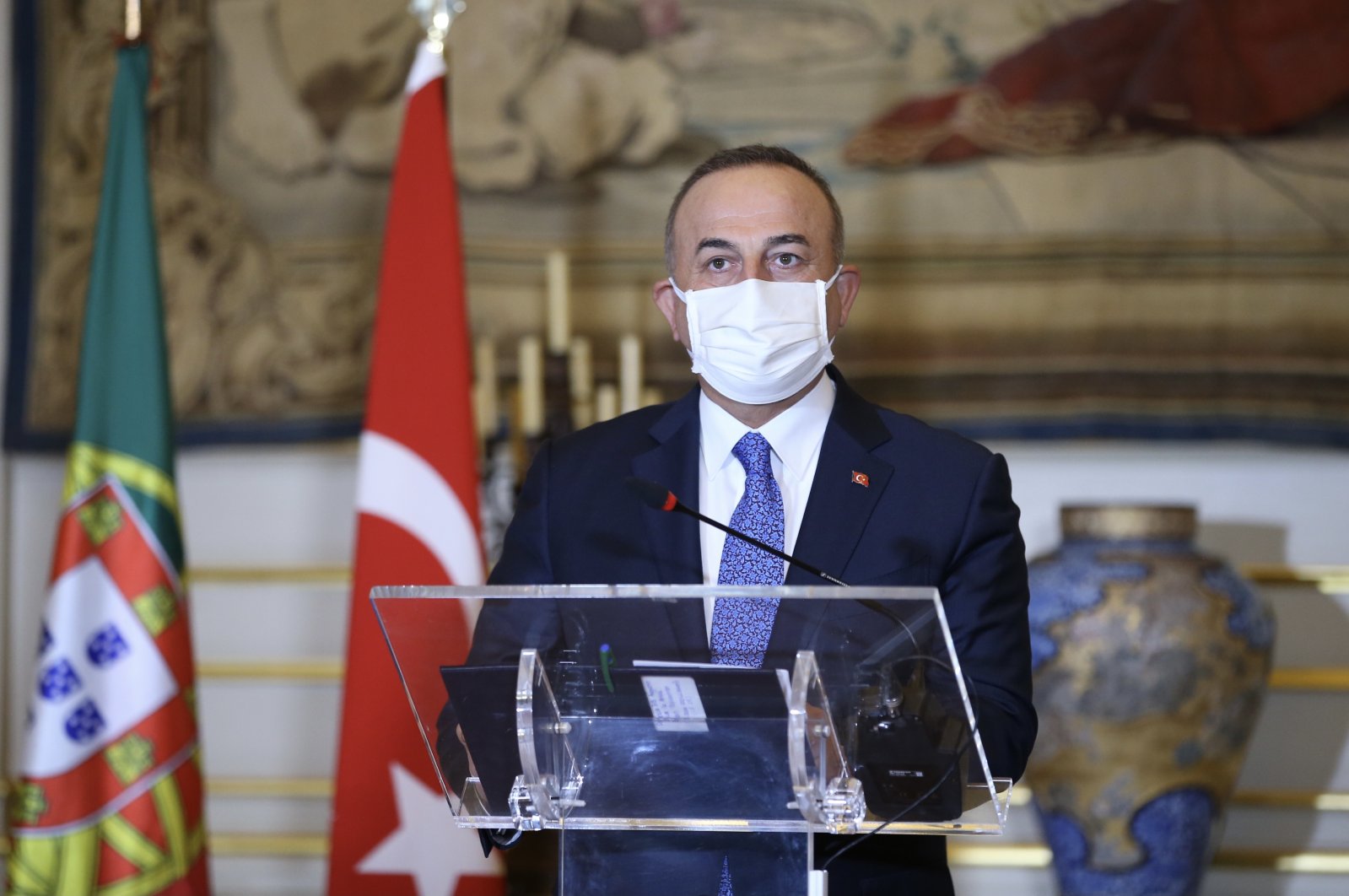 Foreign Minister Mevlüt Çavuşoğlu is seen during a joint news conference with his Portuguese counterpart Augusto Santos Silva in Lisbon, Portugal, Jan. 7, 2020. (AA Photo)