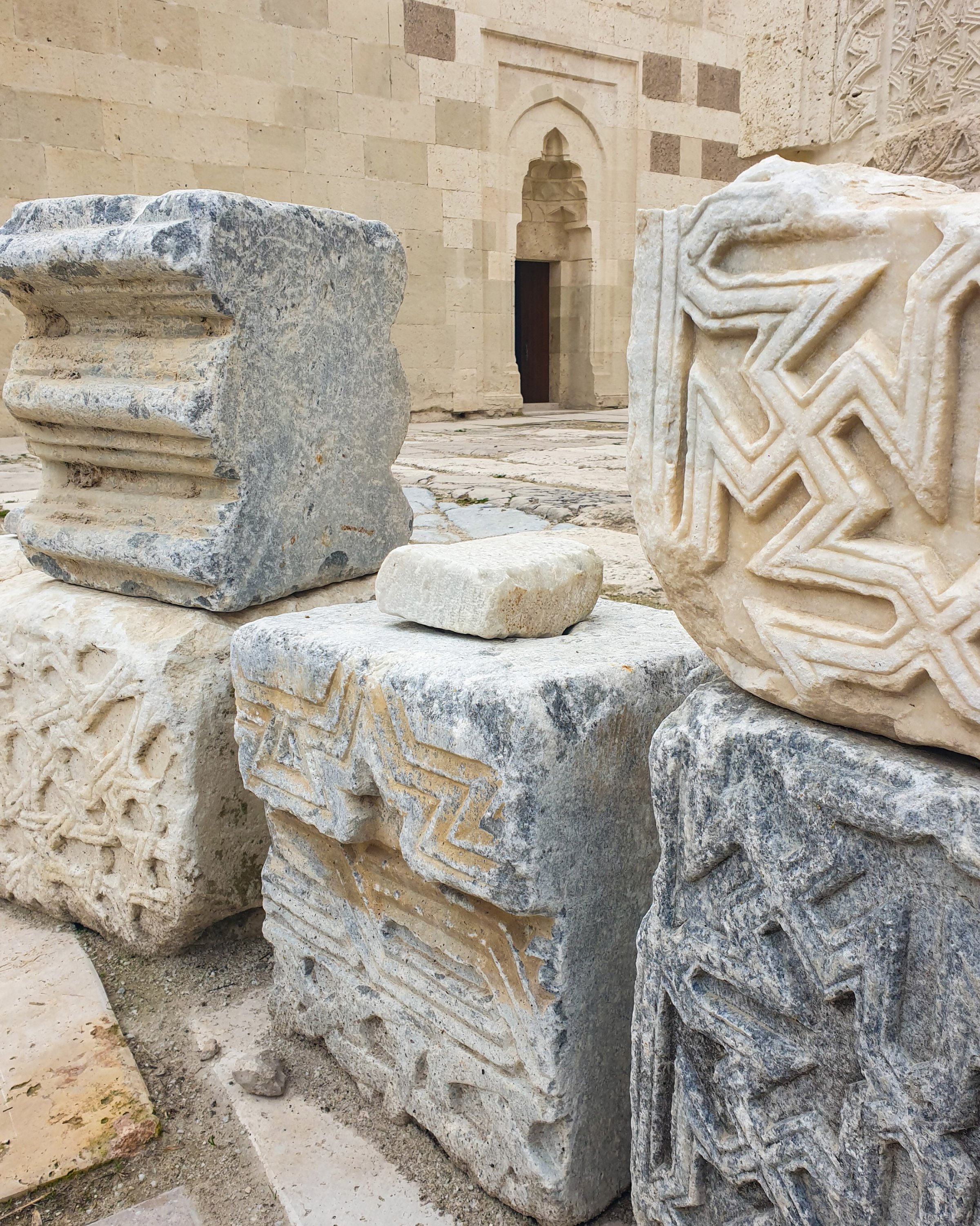 Architectural fragments displayed at the open-air hall of the Sultanhan Caravanserai. (Photo by Argun Konuk)