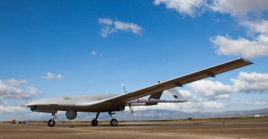 A Turkish-made Bayraktar TB2 drone is pictured at Geçitkale military air base near Famagusta (Gazimağusa) in the Turkish Republic of Northern Cyprus (TRNC), Dec. 16, 2019. (AFP File Photo)