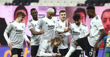 Beşiktaş players celebrate a goal during a Süper Lig match against Rizespor at the Vodefone Park stadium, in Istanbul, Turkey, Jan. 6, 2021. (IHA Photo)