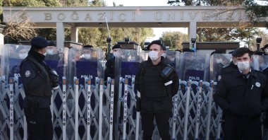 Police stand guard in front of an entrance to Boğaziçi University, in Istanbul, Turkey, Jan. 5, 2021. (AA Photo)
