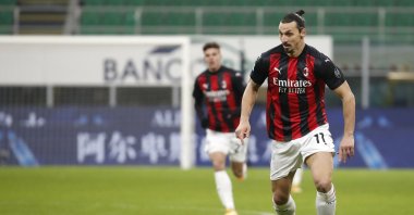 AC Milan's Zlatan Ibrahimovic in action during a Serie A match against Torino at the San Siro stadium, in Milan, Italy, Jan. 9, 2021. (AP Photo)