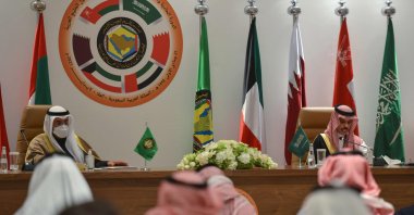Gulf Cooperation Council (GCC) Secretary-General Nayef bin Falah Al-Hajraf (L) and Saudi Foreign Minister Prince Faisal bin Farhan al-Saud hold a press conference at the end of the GCC's 41st summit, in the city of Al-Ula, northwestern Saudi Arabia, Jan. 5, 2021. (AFP Photo)
