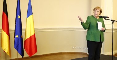 German Chancellor Angela Merkel delivers a speech during a meeting with members of Romania's German minority after an informal European Union summit, Sibiu, Romania, on May 9, 2019. (AP Photo)