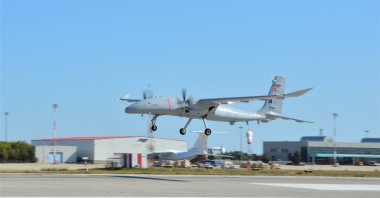 The unmanned combat aerial vehicle Akıncı is seen in the air during its second test flight, in Tekirdağ province, northwestern Turkey, Aug. 19, 2020. (Photo by Baykar via DHA) 