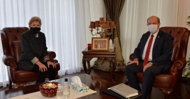 Turkish Republic of Northern Cyprus (TRNC) President Ersin Tatar (R) meets with U.N. envoy Jane Holl Lute in Lefkoşa (Nicosia), TRNC, Jan. 11, 2020. (AA Photo)