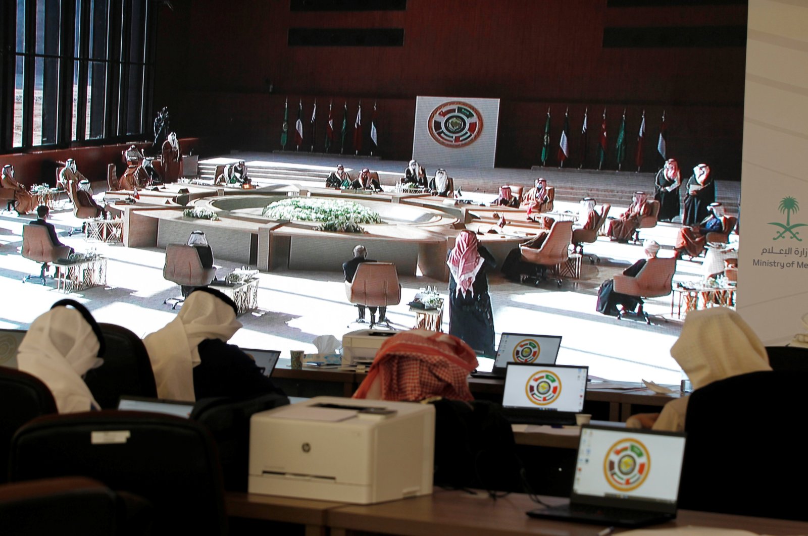 A general view of the Gulf Cooperation Council's (GCC) summit via a screen at the media center in al-Ula, Saudi Arabia, Jan. 5, 2021. (Reuters Photo)