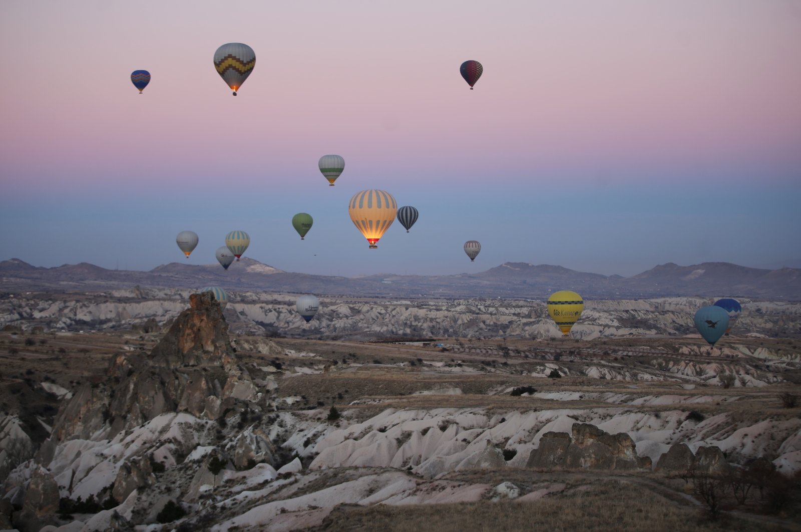 Hot air balloons float over Cappadocia, Nevşehir, central Turkey, Jan. 12, 2021. (AA Photo)