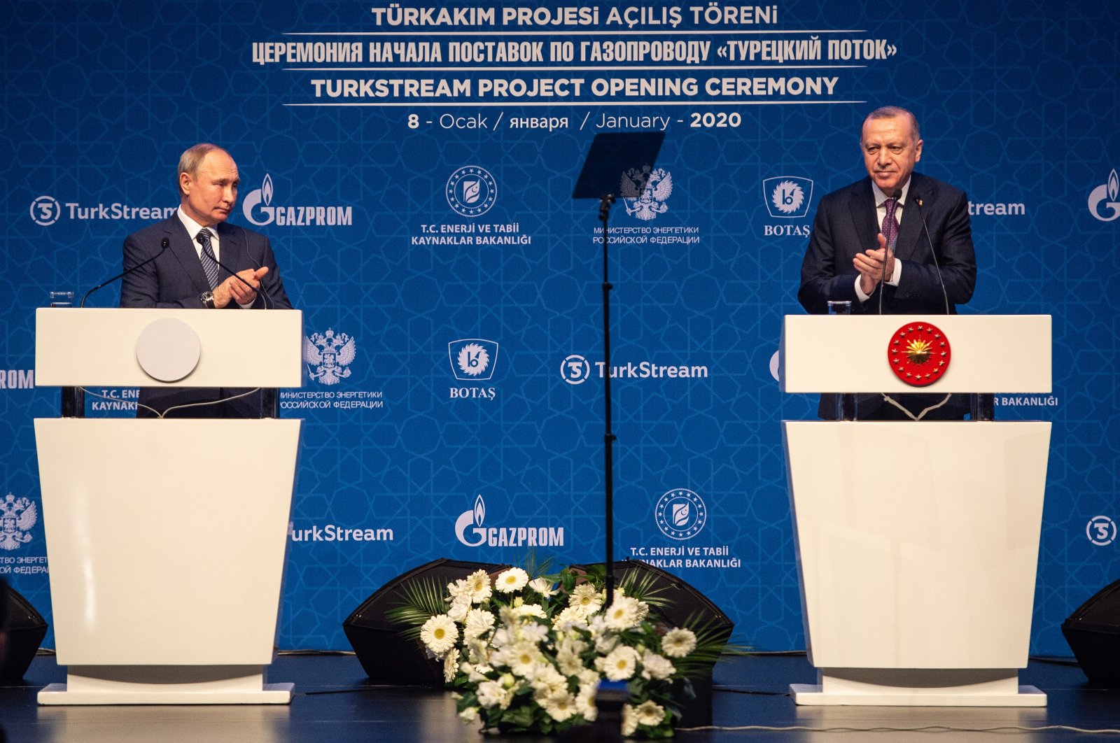 President Recep Tayyip Erdogan and Russian President Vladimir Putin (L) at the opening ceremony of the Turkstream gas pipeline project, Istanbul, Turkey, Jan. 8, 2020. (Photo by Getty Images)