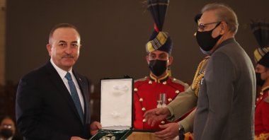 Foreign Minister Mevlüt Çavuşoğlu receives the Hilal-e Pakistan Award in Islamabad, Pakistan, Jan.13, 2021. (AA)