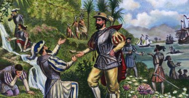 An illustration shows a scene in which Spanish explorer and conquistador Ponce de Leon is given water from the "Fountain of Youth." (Getty Images)