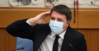 Leader of Italia Viva party Matteo Renzi gestures during a press conference in the group room of the Chamber of Deputies in Rome, Italy, Jan. 13, 2021. (EPA Photo)