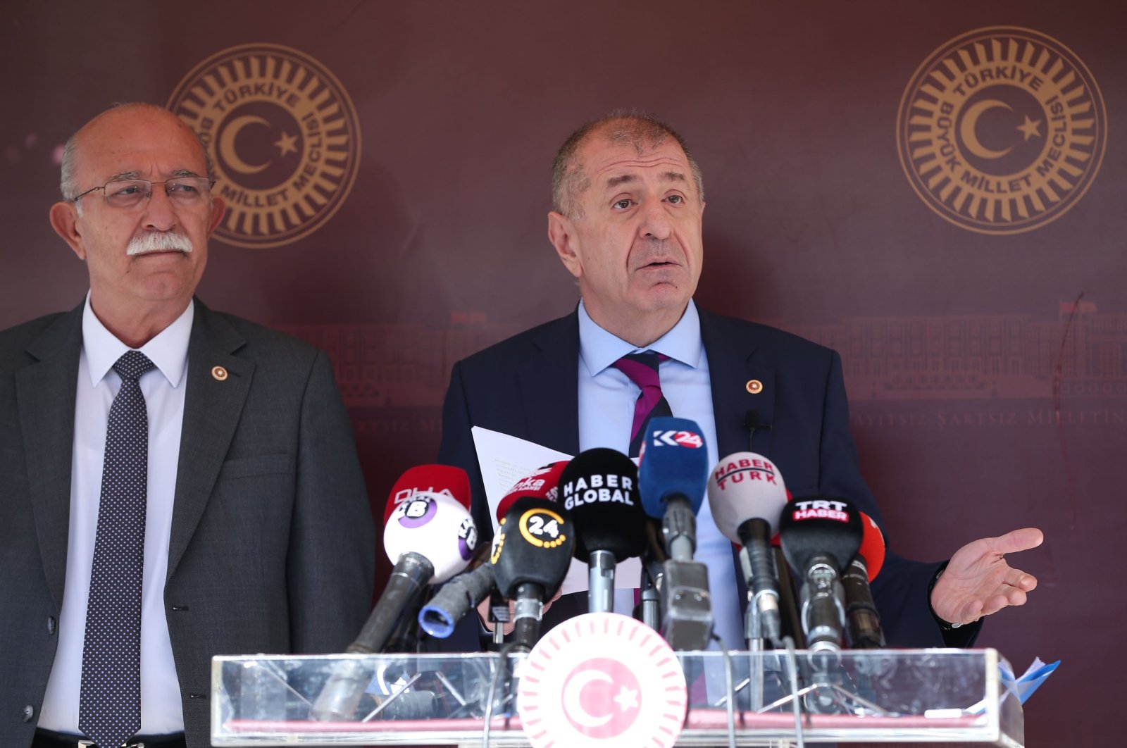 IP Istanbul Deputy Ümit Özdağ, accompanied by Adana deputy İsmail Koncuk, speaks to reporters at a news conference in the capital Ankara on Nov. 11, 2020. (AA Photo)