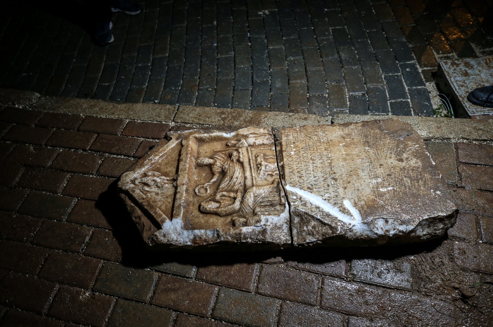 A view of the stele Erdoğan Tunaboylu discovered outside his home, in Bursa, northwestern Turkey, Jan. 13, 2021. (AA Photo)