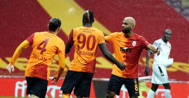 Galatasaray players celebrate a goal during a Süper Lig match against Gençlerbirliği at the Türk Telekom Arena stadium, in Istanbul, Turkey, Jan. 9, 2021. (IHA Photo)