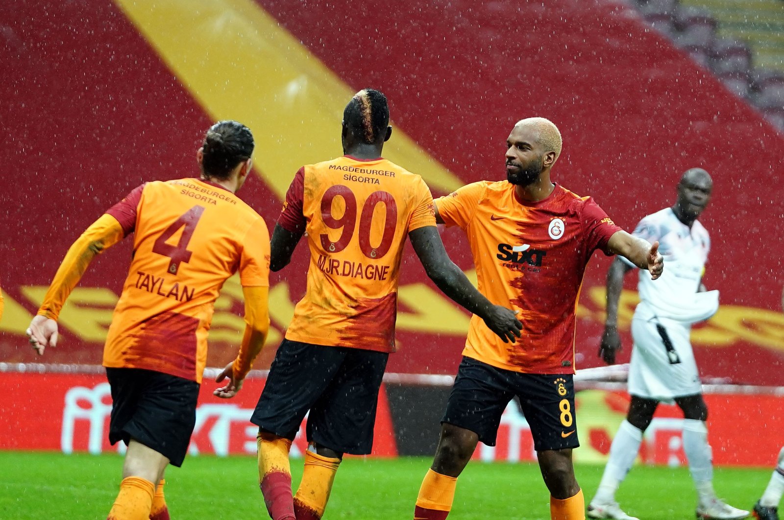 Galatasaray players celebrate a goal during a Süper Lig match against Gençlerbirliği at the Türk Telekom Arena stadium, in Istanbul, Turkey, Jan. 9, 2021. (IHA Photo)