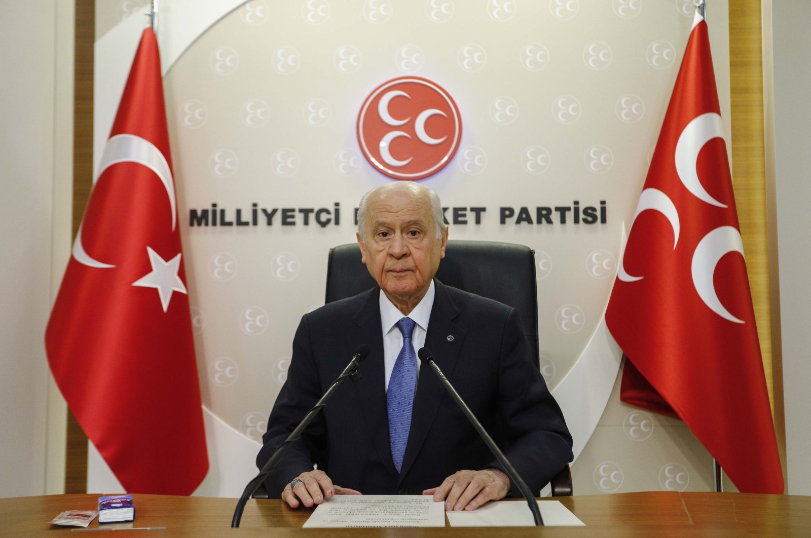 Nationalist Movement Party Chairperson Devlet Bahçeli speaks to reporters at a news conference at the party's headquarters in the capital Ankara, Turkey, Jan. 13, 2020. (DHA Photo)