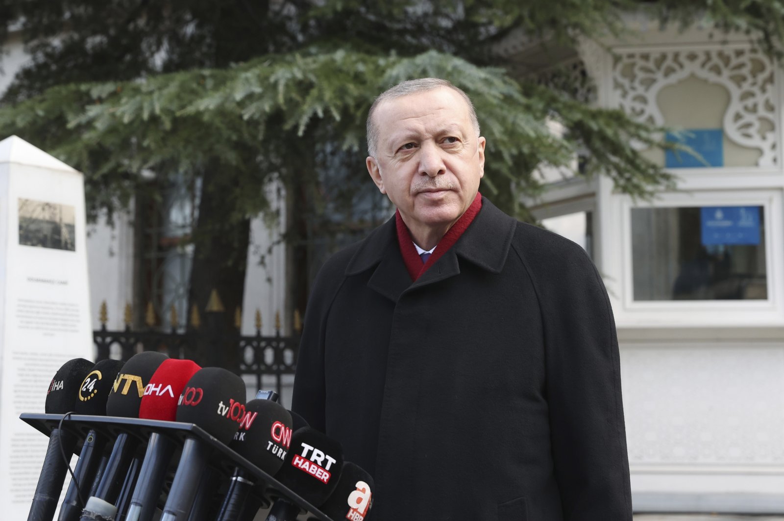 President Recep Tayyip Erdoğan speaks to the media after Friday prayers, in Istanbul, Jan. 15, 2021. (AP Photo)