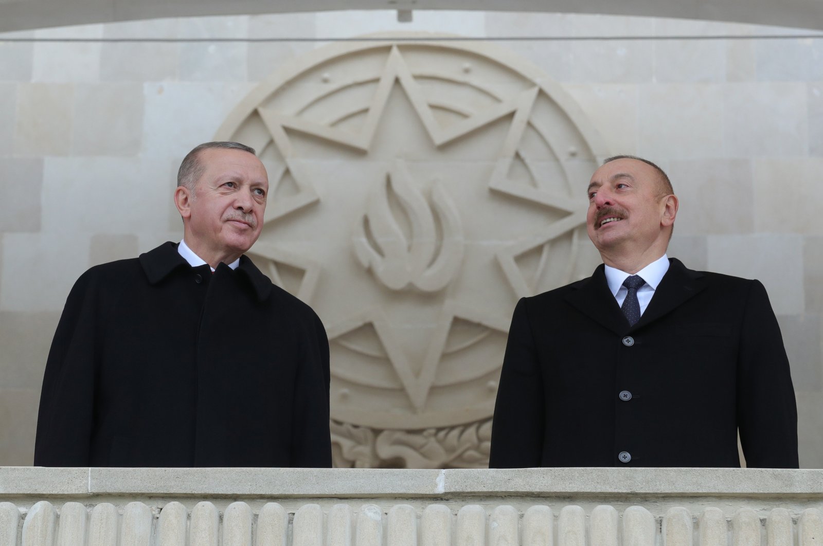 President Recep Tayyip Erdoğan (L) with Azerbaijani President Ilham Aliyev in Baku, Azerbaijan, Dec. 11, 2020. (AA Photo)