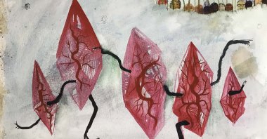 Gluklya (Natalia Pershina-Yakimanskaya), "Scholars of Clinic are contemplating the process of the Rose Quartz transmission to the fluid body," 2020, watercolor on paper, 29.5 by 42 centimeters. (Courtesy of Pera Museum)