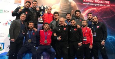 The Turkish Greco-Roman national team poses with the International Zagreb Open Tournament title in Zagreb, Croatia, Jan. 18, 2021.