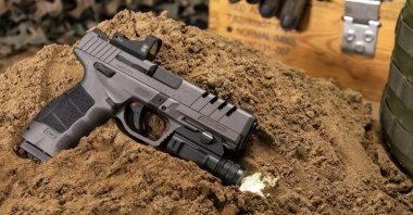 This photo shows the SAR9X Platinum on a pile of sand. (Courtesy of Sarsılmaz)